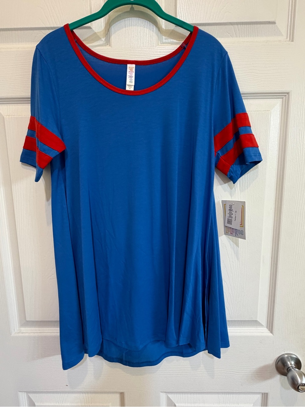 NWT LuLaRoe Perfect T Swing Tunic Top Royal Blue Red Varsity Stripe XS